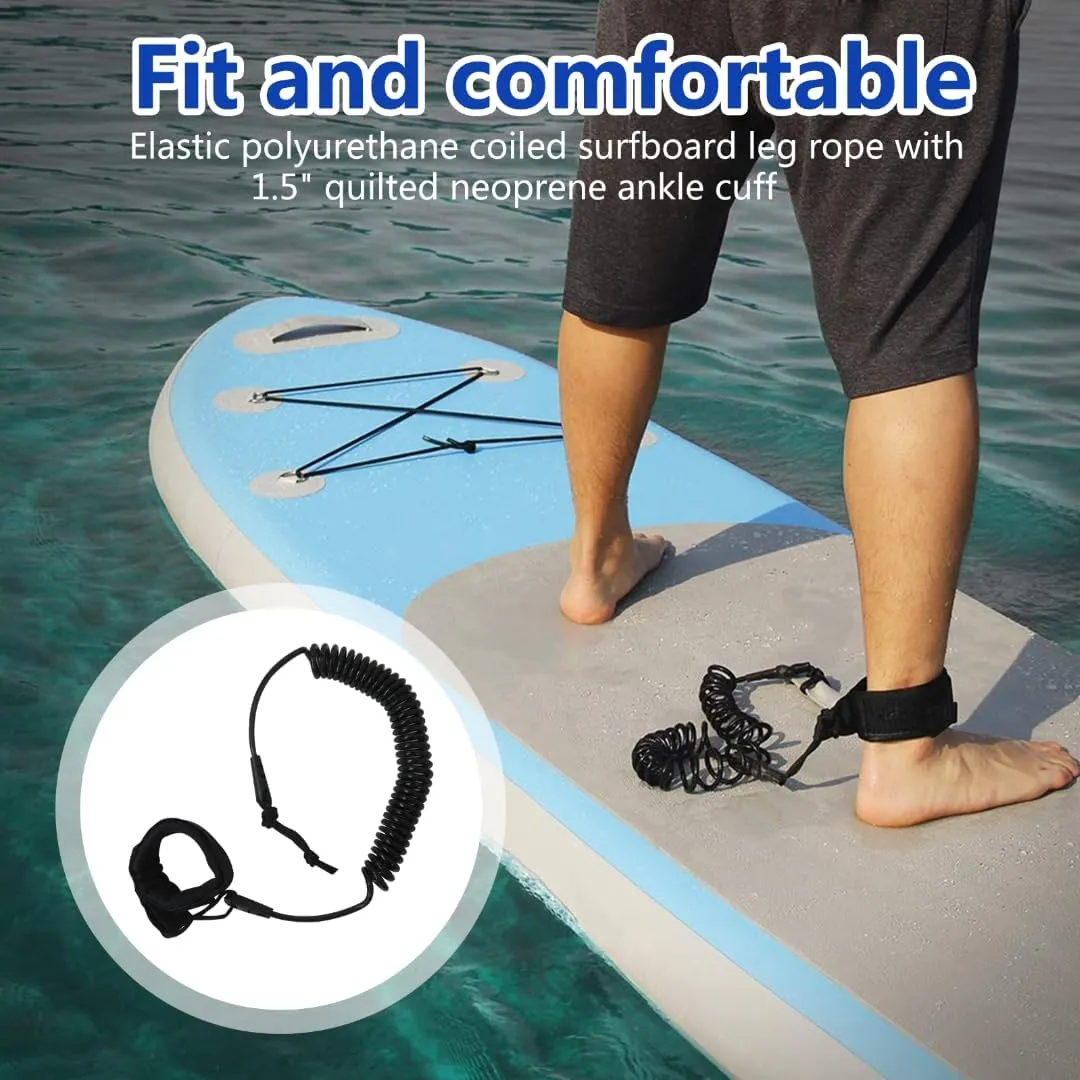 10FT Powerful Coiled SUP Leash with 5mm Urethane Cord, Surfboard Leash Sup Leg Rope Strap Stand Up Paddleboard Leash - Black