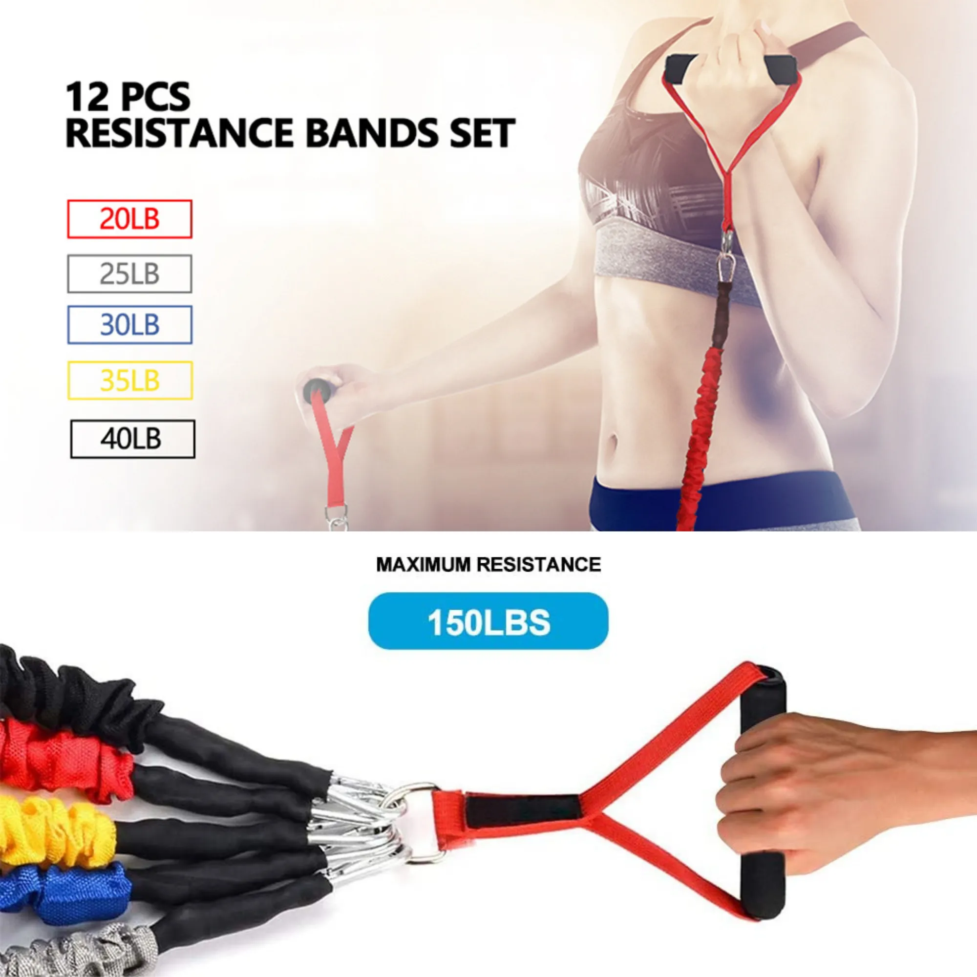 12pce Resistance Bands Set Exercise Bands with Protective Sleeve