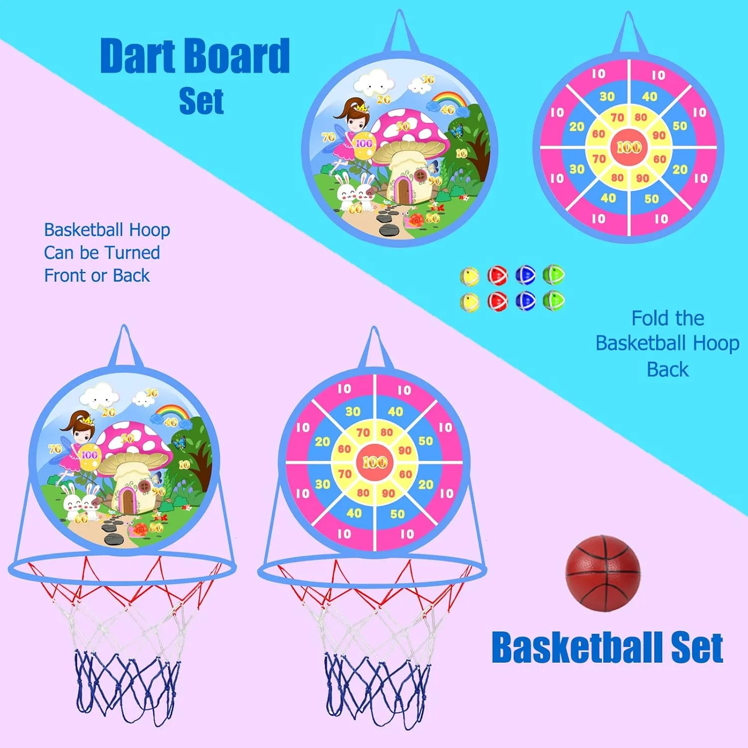 2 in 1 Basketball Hoop and Dart Board, 14" Dart Board for Kids, Basketball Hoop for Kids Toddlers, Sports & Outdoor Play, Birthday Gift Toys for 3 4 5 6 7 8 9 10 Year Old Boys Girls Kids, Party Favors