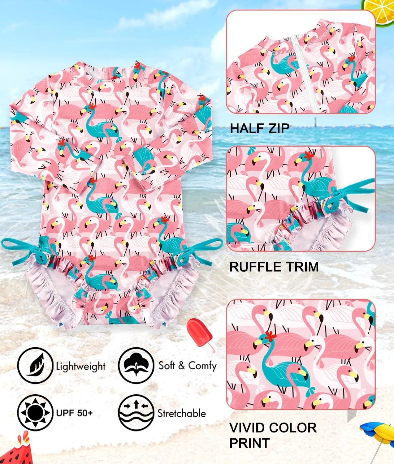 BesserBay Baby Girl's UPF 50  Sun Protection Swimsuit One Piece 3/4 Sleeve Rash Guard 0-36 Months