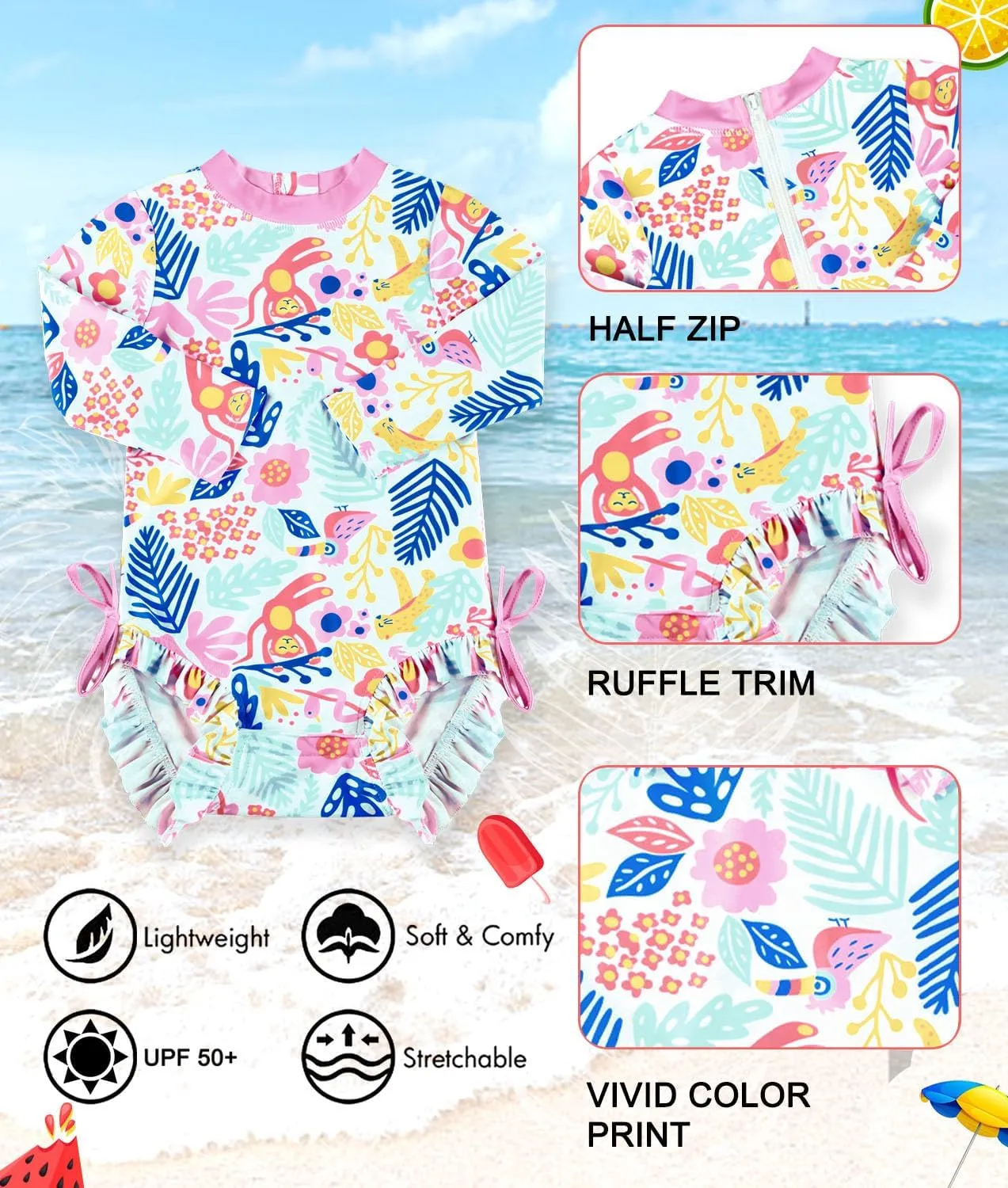 BesserBay Baby Girl's UPF 50  Sun Protection Swimsuit One Piece 3/4 Sleeve Rash Guard 0-36 Months