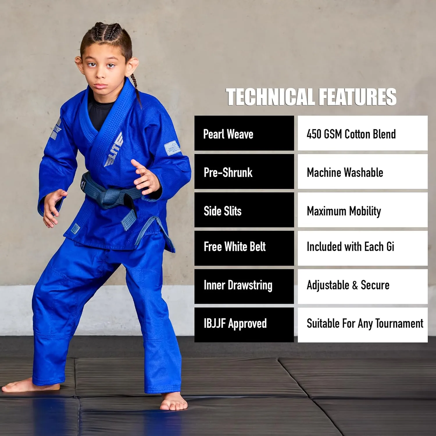 Elite Sports IBJJF Ultra Light BJJ Brazilian Jiu Jitsu Gi for Kids with Preshrunk Fabric and Free Belt