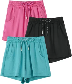 Girls Athletic Shorts, 3 Pack Casual Soft Girls Running Soccer Dry-Fit Shorts with Pockets for Kids Teens, 4-16Y