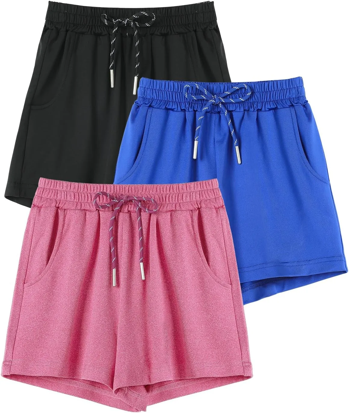 Girls Athletic Shorts, 3 Pack Casual Soft Girls Running Soccer Dry-Fit Shorts with Pockets for Kids Teens, 4-16Y
