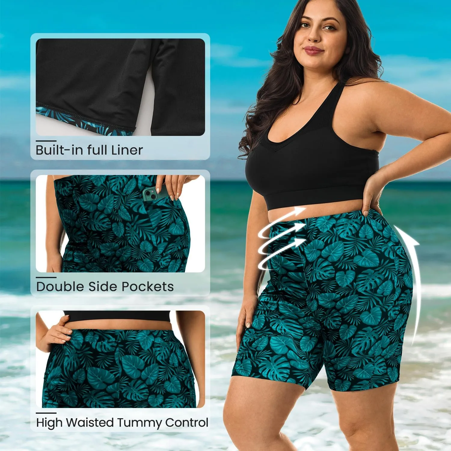 HODOSPORTS Plus Size Women's Swim Shorts with Pockets UPF50  High Waisted Board Shorts Tummy Control Swimsuit Bottoms 1X-6X