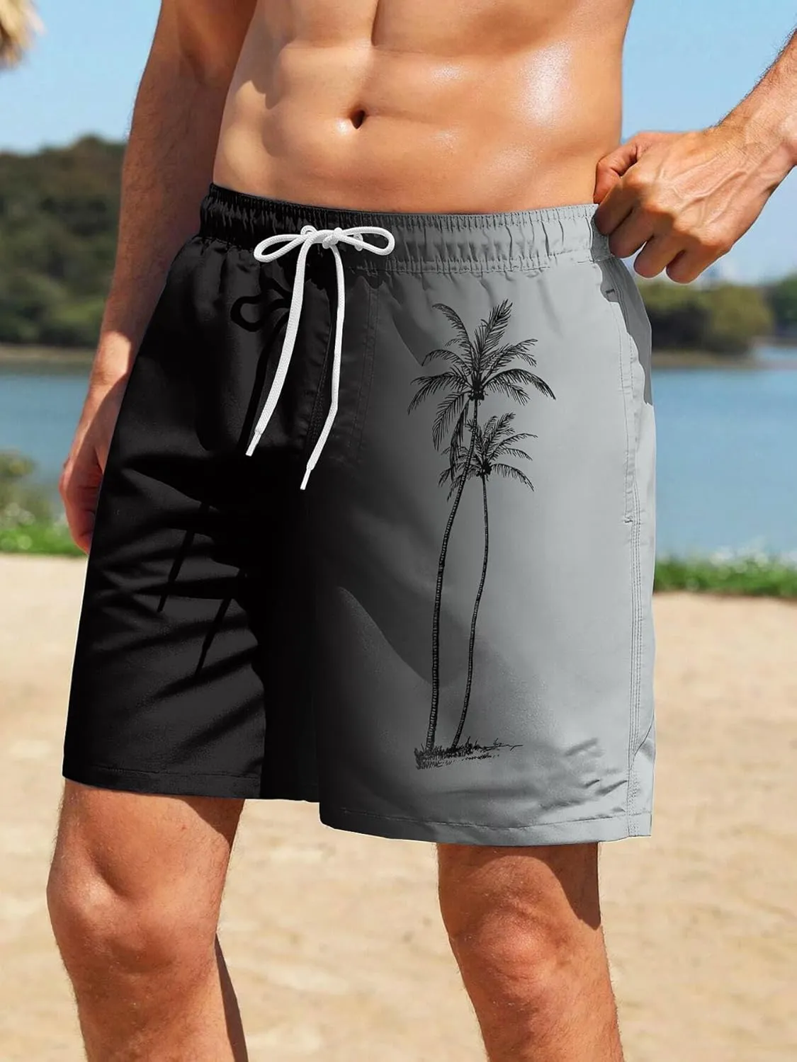 Mens Swim Trunks with Compression Liner 7" Board Shorts with Pockets 2 in 1 Quick Dry Bathing Suits