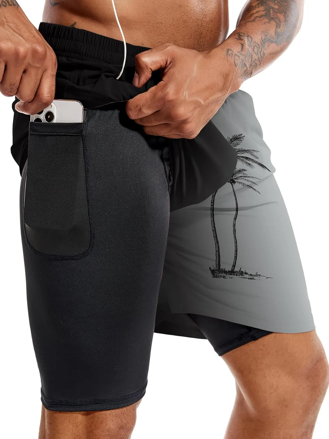 Mens Swim Trunks with Compression Liner 7" Board Shorts with Pockets 2 in 1 Quick Dry Bathing Suits
