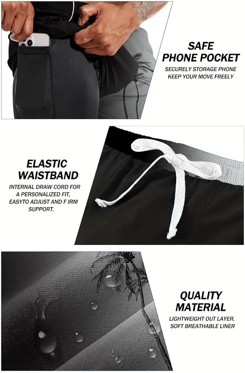 Mens Swim Trunks with Compression Liner 7" Board Shorts with Pockets 2 in 1 Quick Dry Bathing Suits