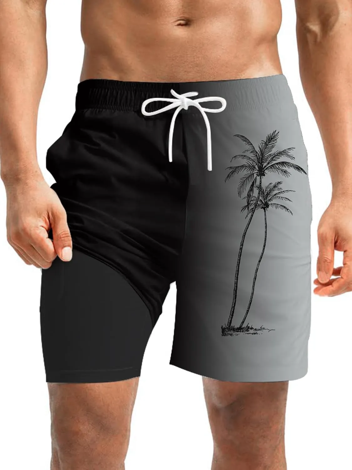 Mens Swim Trunks with Compression Liner 7" Board Shorts with Pockets 2 in 1 Quick Dry Bathing Suits