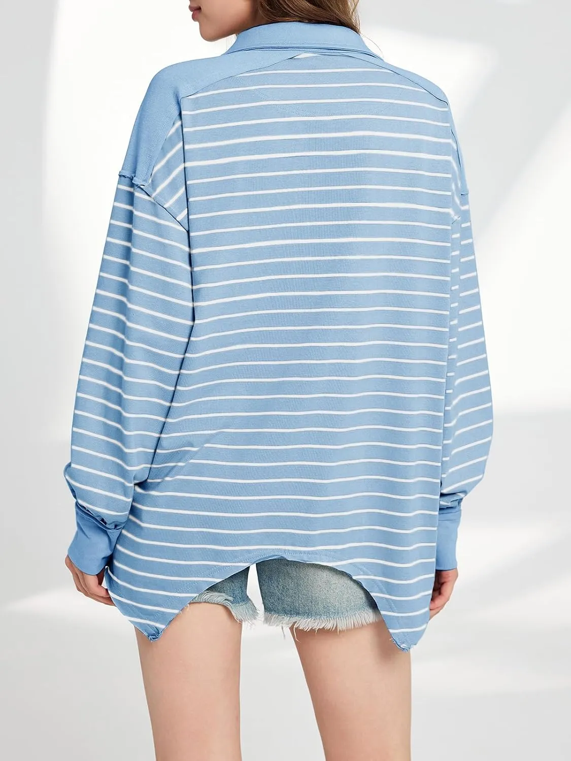 Tankaneo Womens Oversized Striped Sweatshirts Long Sleeve Polo Shirt Cotton Loose Fit Henley Tops