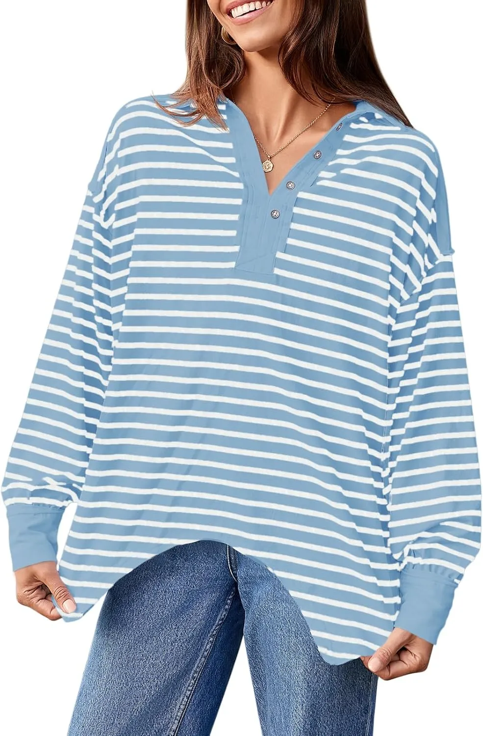 Tankaneo Womens Oversized Striped Sweatshirts Long Sleeve Polo Shirt Cotton Loose Fit Henley Tops