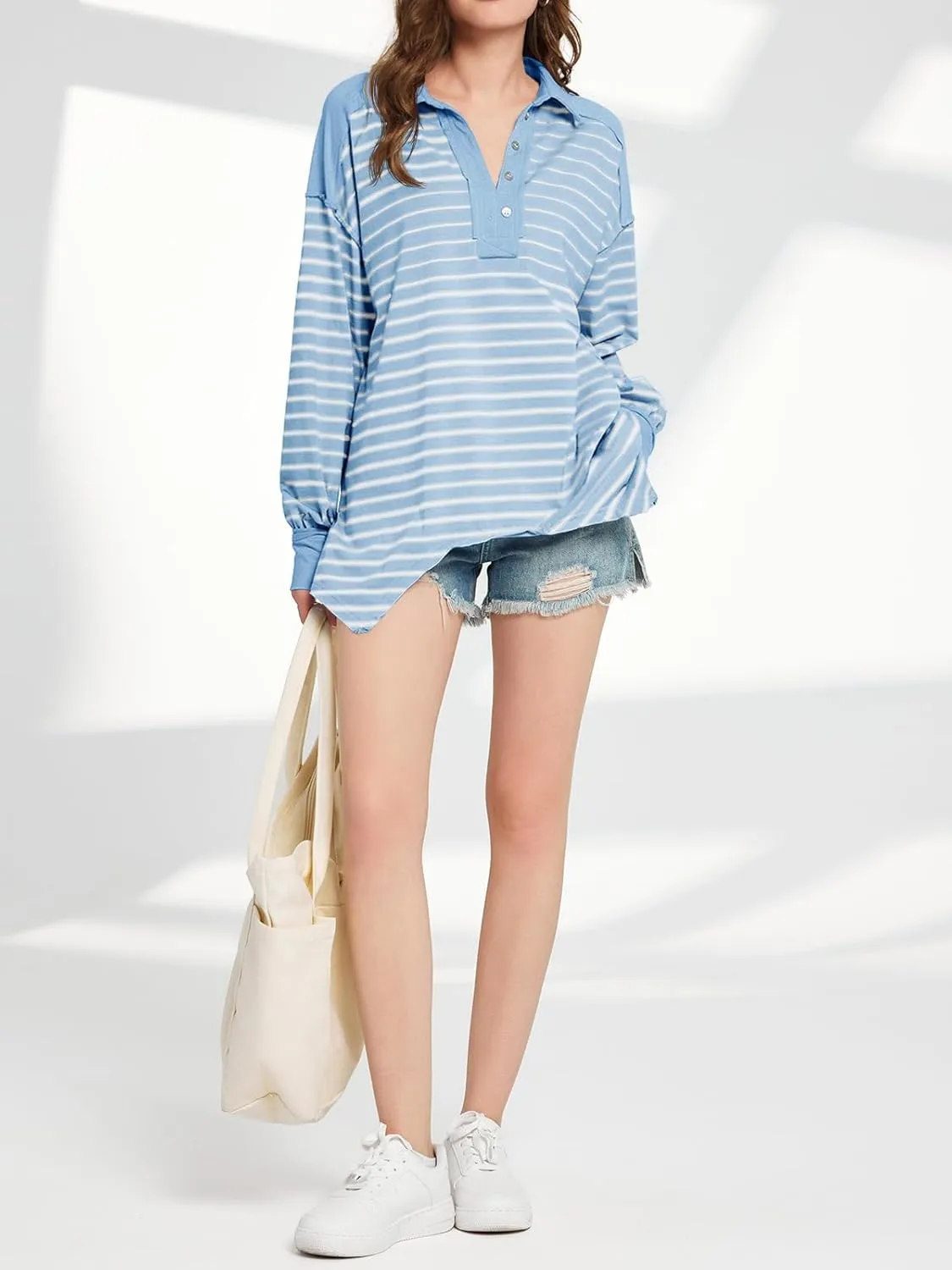 Tankaneo Womens Oversized Striped Sweatshirts Long Sleeve Polo Shirt Cotton Loose Fit Henley Tops