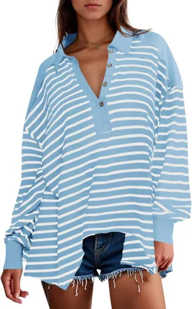 Tankaneo Womens Oversized Striped Sweatshirts Long Sleeve Polo Shirt Cotton Loose Fit Henley Tops
