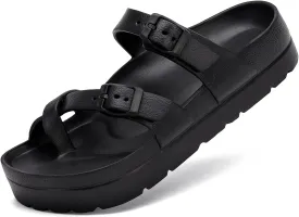 Womens Arch Support Platform Sandals Comfort Slides Thick Soles Flat Sandals With Adjustable Buckle & Ultra Cushion
