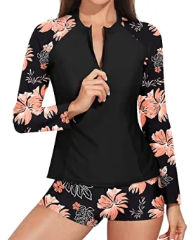 Women's UPF 50 Long Sleeve Zipper Rash Guard Swimsuits Two Piece Bathing Suits