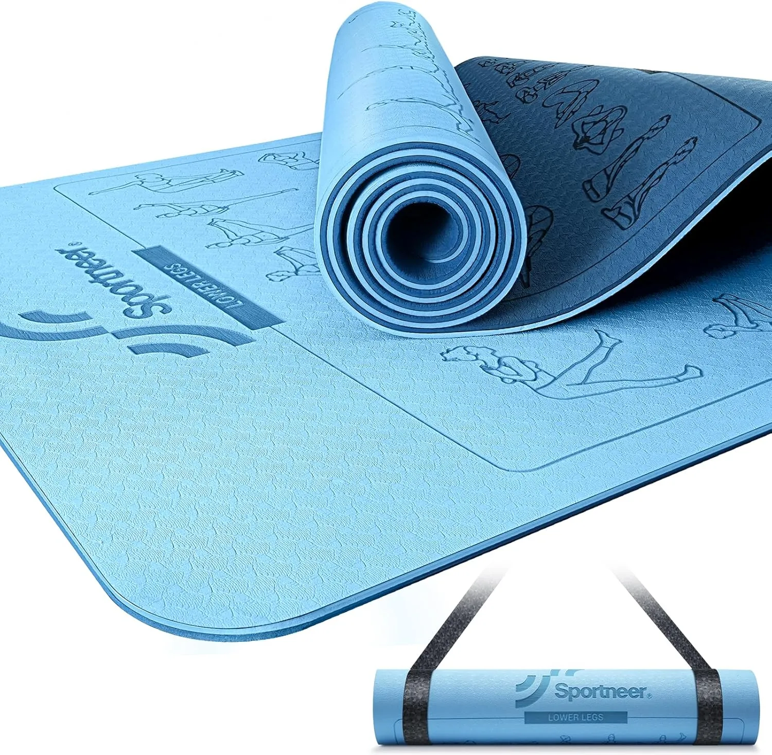 Yoga Mat with Poses, Sportneer Yoga Mats for Women & Men, Non Slip Double-Sided, Exercise Mats for Home Workout - 24" Wide x 72" Long x 1/4" Thick - Exercise Mat Yoga Mat with Strap Home Gym